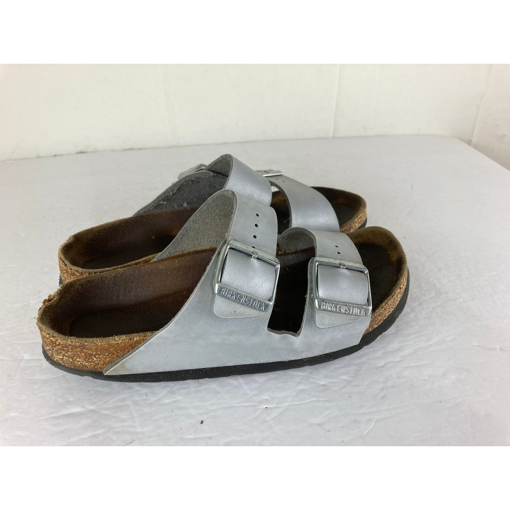 Birkenstock Arizona Sandals Womens 6 37 Silver Leather Double Strap Comfort Boho - Picture 5 of 8